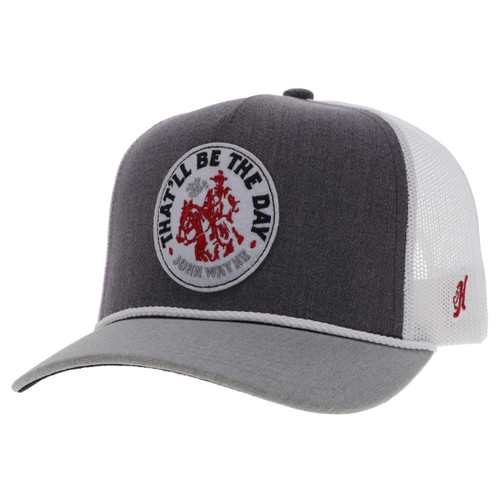 HOOEY John Wayne 5-Panel Adjustable Snapback Trucker Hat (Grey/White w/Circle Patch)