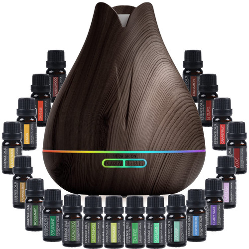 Aromatherapy Essential Oil Diffuser Gift Set - 400ml Ultrasonic Diffuser with 20 Essential Plant Oils - 4 Timer & 7 Ambient Light Settings - Therapeutic Grade Essential Oils