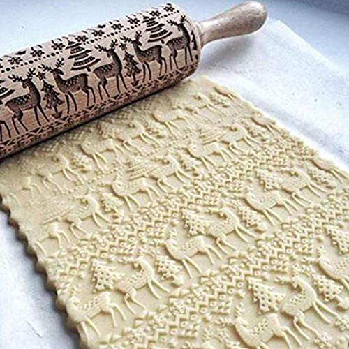 Embossed Rolling Pin?Christmas Wooden Rolling Pins Engraved Embossing Rolling Pin with Christmas Symbols for Baking Embossed Cookies (35?cm) (17")