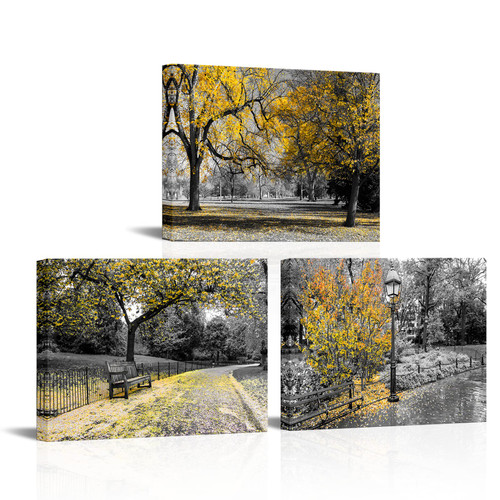 RyounoArt 3 Piece Fall Tree Canvas Wall Art Black and White Yellow Trees in Park Painting Pictures Autumn Landscape Prints Artwork for Home Office Living Room Wall Decor Ready to Hang
