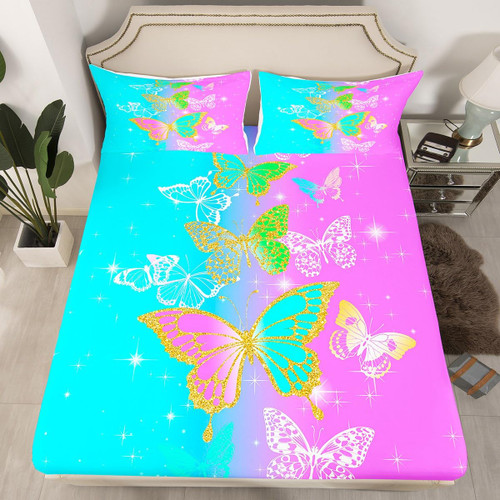 Manfei Butterfly Fitted Sheet Twin Size, Gold Glitter Butterfly Bedding Set 2pcs for Girls Teens Adult Room Decor, Blue and Pink Bed Cover with 1 Pillowcase, Soft Polyester Bedding