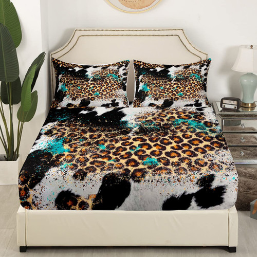Homewish Leopard Print Kids Fitted Sheet Twin Size,Boys Girls Adults Bedroom Decor,Black White Cow Fur Texture Bed Cover,Abstract Animals Skin Bedding Set,Rustic Farmhouse Bed Sheet,1 Pillowcase