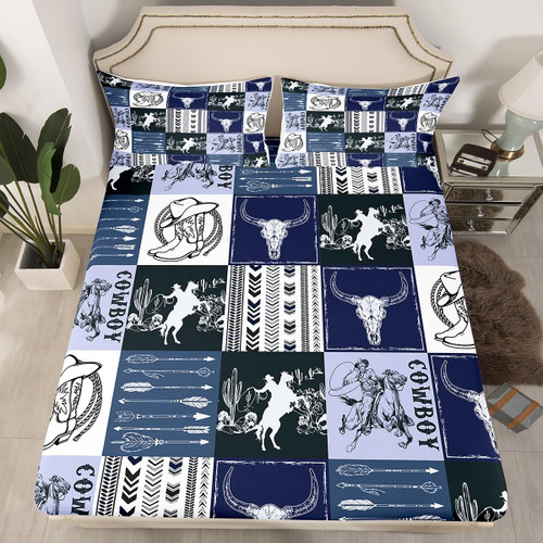 Manfei Cowboy Fitted Sheet Twin Size, Horse Bull Skull Cowboy Boots Hat Bedding Set 2pcs for Kid Boy, Navy Blue Lattice Patchwork Bed Cover with 1 Pillowcase, Soft Polyester Bedding