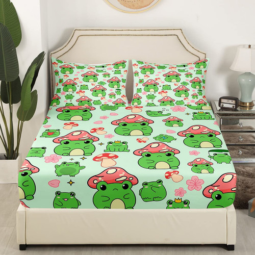 Homewish Mushroom Frog Fitted Sheet Twin Size Cute Mushroom Bedding Set 2pcs for Kids Girls Boys Bedroom Decor Cartoon Animals Plants Deep Packet Sheet Pink Green Bed Sheet,1 Pillowcase
