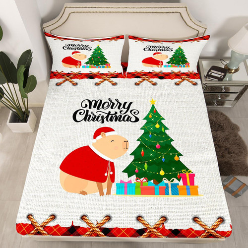 Homewish Cute Capybara Fitted Sheet Twin Size,Merry Christmas Bedding Set 2Pcs for Kids Girls Boys Adult Room Decor,Red Plaid Patchwork Bed Sheet Funny Animals Deep Packet Sheet,1 Pillowcase