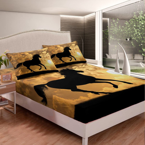 Feelyou Horse Bedding Fitted Sheet Galloping Horse Bed Sheet Set for Kids Boys Wild Animal Bedding Sheets Wildlife Bed Cover 1 Bedding Fitted Sheet with 1 Pillowcase Twin Size