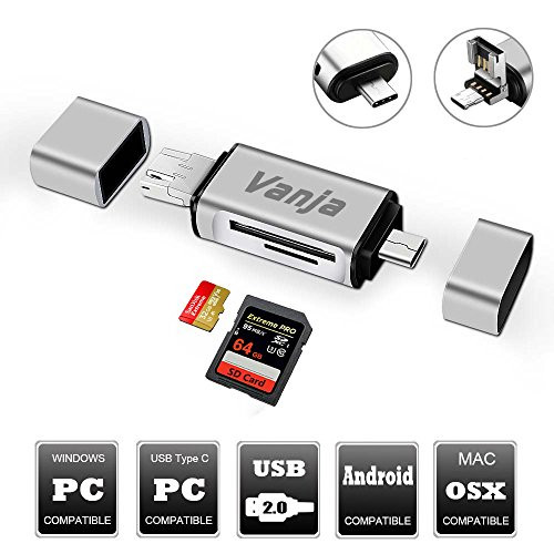 Vanja SD/Micro SD Card Reader, Micro USB OTG Adapter and USB 2.0 Portable Memory Card Reader for SDXC, SDHC, SD, MMC, RS-MMC, Micro SDXC, Micro SD, Micro SDHC Card and UHS-I Cards
