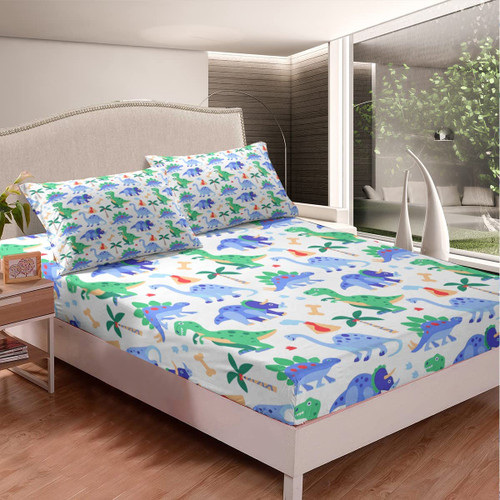 Feelyou Dinosaur Bed Sheet Set for Kids Toddler Cartoon Dino Bedding Set Cute Dinosaur Pattern Fitted Sheet with 1 Pillowcase Twin Size