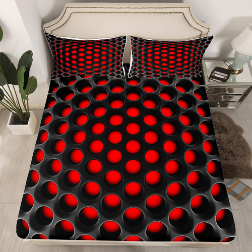 Erosebridal Geometric Twin Bed Sheets Neon Black and Red Bedding Set for Teen Boys Men,Abstract 3D Geometry Honeycomb Fitted Sheet,3D Stereoscopic Dense Hole Sheets 1 Pillow Case