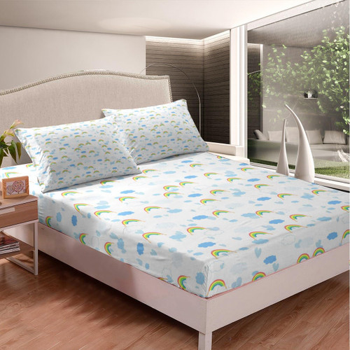 Feelyou Kids Rainbow Fitted Sheet Cloud Print Bed Sheet Set Twin Size for Boys Girls Teens Bedroom Decor Hear Love Bedding Set White Theme Bed Cover Deep Pocket with 1 Pillow Case