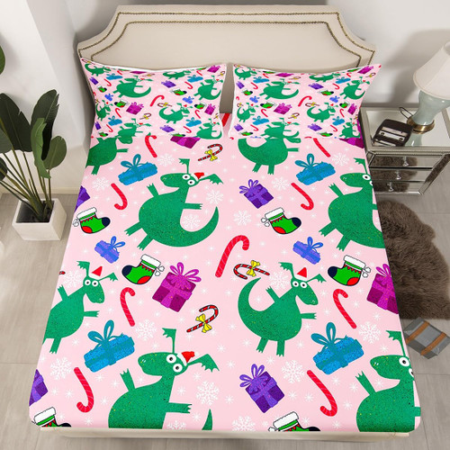 Feelyou Kids Dinosaur Fitted Sheet 3D Digital Print Bed Sheet Set Twin Size for Boys Girls Teens Bedroom Decor Cute Jungle Dino Bedding Set Gift Boxes Green Bed Cover Deep Pocket with 1 Pillow Case