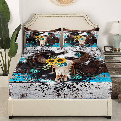Cow Skull Kids Fitted Sheet Twin Size,Western Cowboy Horseshoes Bedding Set,Girls Boys Adults Room Decor,Cow Fur Wooden Plank Retro Bed Cover,Rustic Farmhouse Bed Sheet,1 Pillowcase