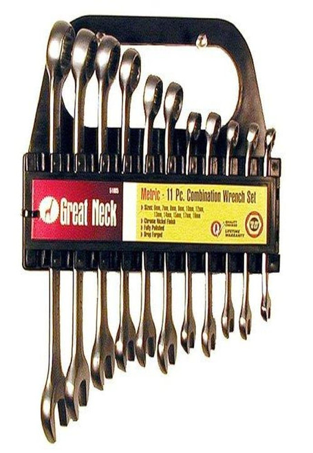 GreatNeck 51005 11 Piece Metric Combination Wrench Set with Rack, 10MM Wrench, 14MM Wrench, 12MM Wrench, 6MM Wrench, Large Metric Wrench Set