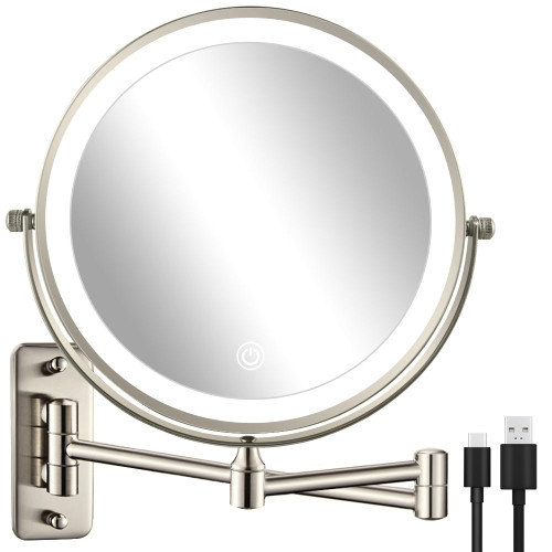 DECLUTTR Rechargeable Wall Mounted Lighted Makeup Mirror, 8 Inch Double Sided 1X/10X Magnifying Mirror with 3 Color Lights, Touch Screen Dimming Extendable Shaving Light up Mirror, Nickel DECLUTTR Rechargeable Wall Mounted Lighted Makeup Mirror, 8 Inch Double Sided 1X/10X Magnifying Mirror with 3 Color Lights, Touch Screen Dimming Extendable Shaving Light up Mirror, Nickel