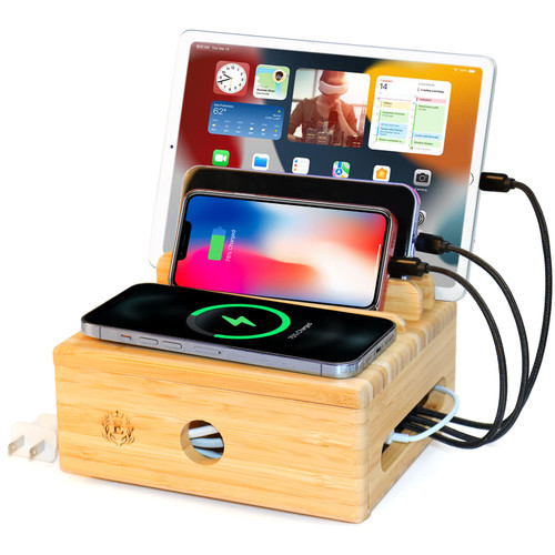 Bamboo Charging Stations for Multiple Devices, Upgrade Desk Docking Station Organizer for Cell Phones, Tablet, AirPods, iWatch Stand