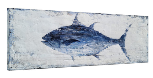 RFDEPOT ARTS Coastal Canvas Wall Art Hand Painted Tuna Fish Painting Blue and White Pictures Modern Nautical Artwork for Living Room Bedroom Bathroom Decoration