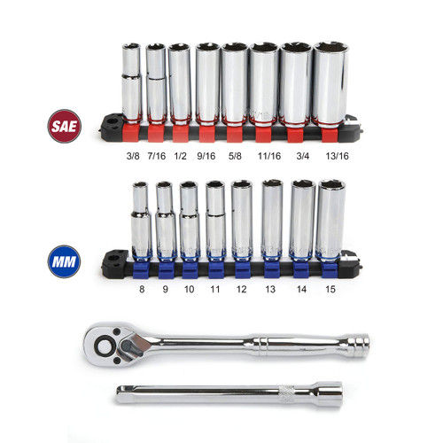 Hyper Tough 20-Piece 3/8-Inch Drive RATCHET & DEEP SOCKET SET SAE & METRIC Socket Holder/Rail