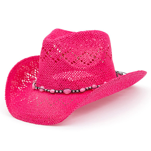 TOVOSO Western Cowgirl Hat, Straw Cowboy Hat for Women with Shapeable Brim, Beaded Hearts Trim, Shapeable Cowboy Hat, Fuchsia
