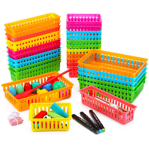 30 Pieces Classroom Storage Baskets Trays Stationery Colorful Paper Organizer Baskets Plastic Crayon Pencil Storage Bins Shelf Bins for Classroom Home Office School, 3 Size