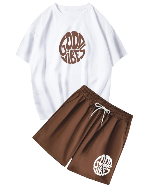 OYOANGLE Men's Casual Graphic Print T Shirt and Drawstring Waist Shorts Set Tracksuit 2 Piece Outfits Brown and White M