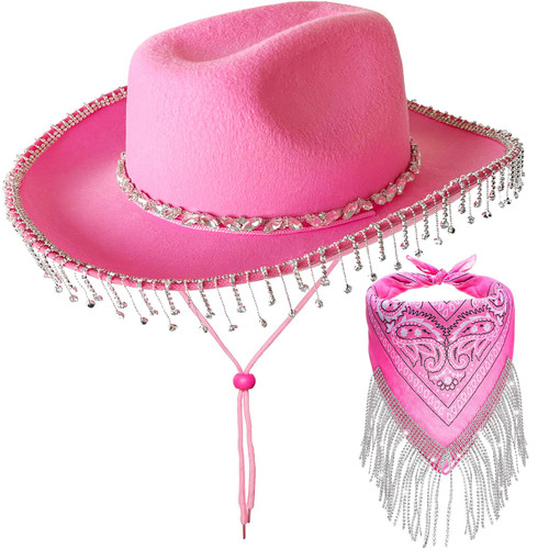 LAIAMER Rhinestone Cowgirl Hat Pink Bling Diamond Fringe Cowgirl Hat Western Hat Glitter Cowgirl Hat for Women Cosplay Party Costume Bachelorette Party (Pink)