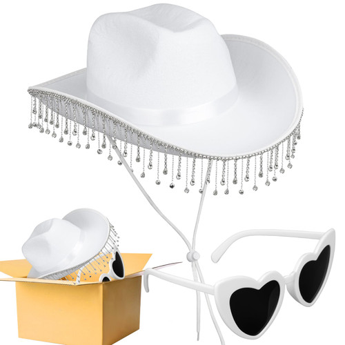 Yoiemivy Rhinestone Cowboy Hat with Fringes, White Cowgirl Hat with Heart-Shaped Sunglasses Bedazzled Western Cowboy Hat Glitter Cowboy Hat for Men Women Disco Cosplay Party Costume (Box Package) Yoiemivy Rhinestone Cowboy Hat with Fringes, White Cowgirl Hat with Heart-Shaped Sunglasses Bedazzled Western Cowboy Hat Glitter Cowboy Hat for Men Women Disco Cosplay Party Costume (Box Package)