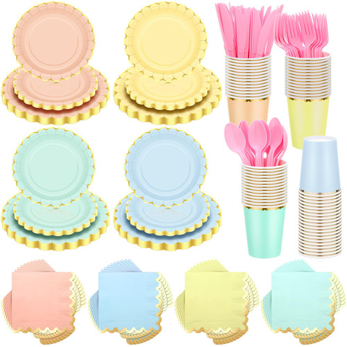 Yaomiao 336 Pcs Paper Plates Napkins Party Supply Disposable Dinnerware Set Scalloped Plates Cups Napkins with Plastic Forks Knives Spoons for 48 Guests Birthday Wedding Party