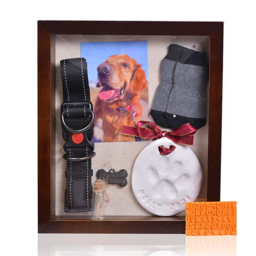 Pet Memorial Shadow Box with Clay Paw Print Impression Kit,Dog & Cat Wood Picture Frame Ornament as Loss Pet Keepsake and Gifts for Pet Lover