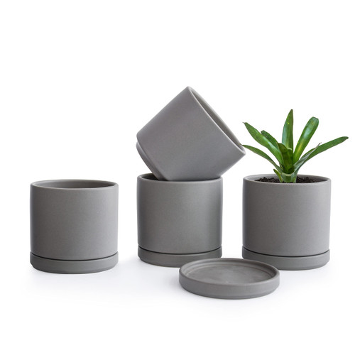 D'vine Dev Set of 4 Small Ceramic Plant Pots, 4.6 Inch Succulent Planter Pot for Plants with Drainage Hole and Saucer, Speckled Grey, 94-F-XS-3