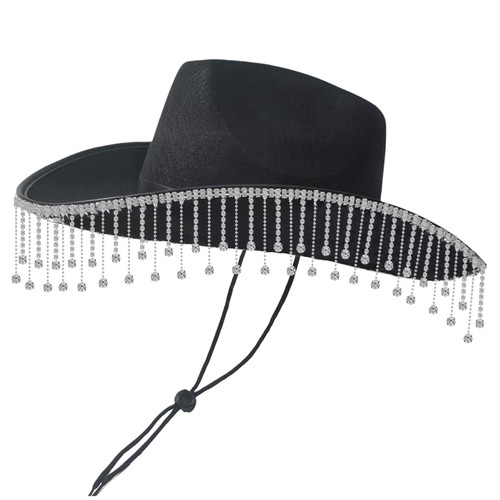 Kumrabal Rhinestone Cowboy Hat, Sparkly Black Cowboy Hat with Rhinestone Short Fringe,Cowgirl Hat Women with Rhinestones,Silver Cowboy Hat for Women