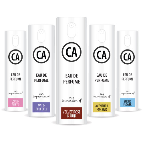CA Perfume Niche Women Set Impression of (Love in White + Spring Flower + Aventura for Her + Velvet Rose Oud + WildBlubell) Fragrance Sample Travel Size Parfum Sprayer(0.3 Fl Oz/10 ml) x5
