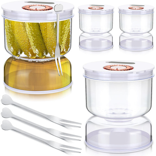 Jinei 4 Pack Pickle Jar with Strainer Flip 38oz Pickle Container Olive Hourglass Keeper Jar with Airtight Lids and Forks Plastic Pickle Juice Separator for Food Pickle Olives Jalapenos Storage Kitchen