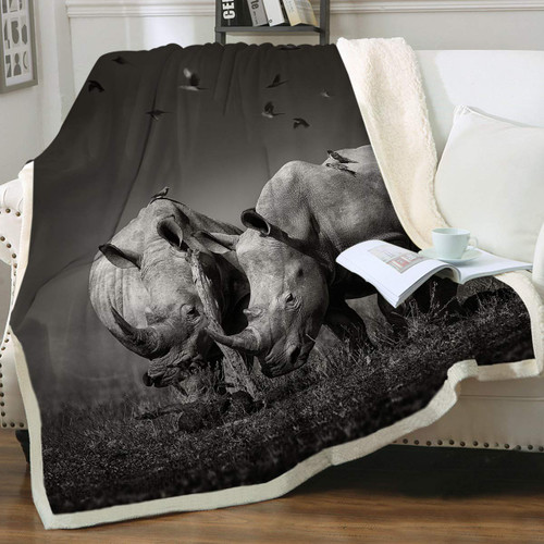Sleepwish Rhinoceros Blanket Grey Wild Animal Print Fleece Blanket for Couch Sofa Nature Birds Microfiber Sherpa Bed Blankets for Boys Adults Men Twin (60"x80")
