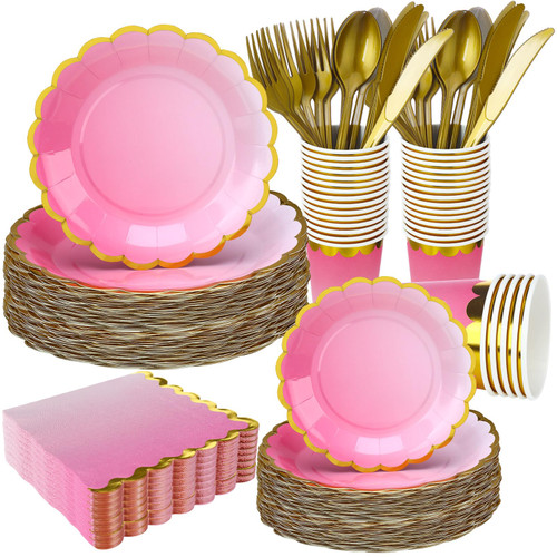 Yaomiao 336 Pcs Paper Plates Napkins Party Supply Disposable Dinnerware Set Scalloped Plates Cups Napkins with Plastic Forks Knives Spoons for 48 Guests Birthday Wedding Party(Gradient Pink, Classic)
