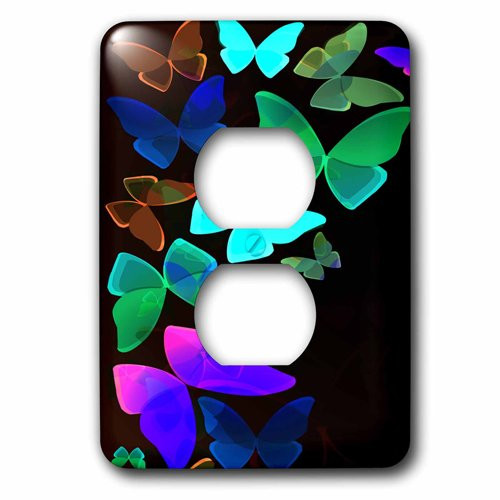 3dRose lsp_101454_6 Cute Green, Blue, Purple, Pink Flying Butterflies On A Black Background 2 Plug Outlet Cover Multicolored