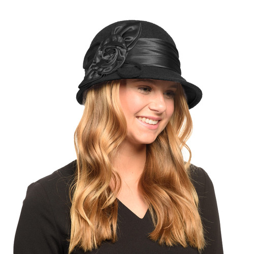 ANGELA & WILLIAM - Cloche Hat - Women's - Women's Wool Felt Vintage Cloche Bucket Winter Hat with Satin Flower - Black