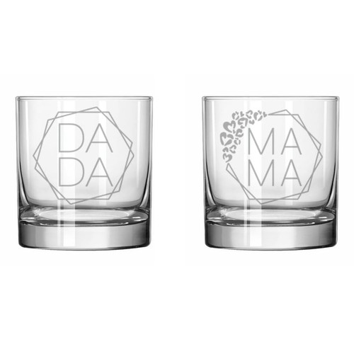 Set of 2 Glass 11 oz Rocks Whiskey Glass Gift Mama Dada New Mom and Dad New Parents Pregnancy Announcement Baby Shower Couple