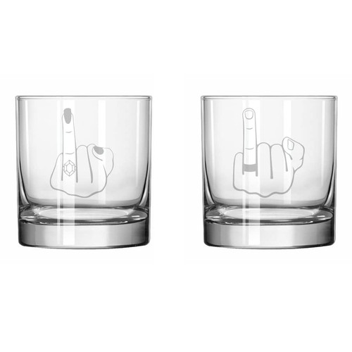 Set of 2 Glass 11 oz Rocks Whiskey Old Fashioned Wedding Ring Fingers Mr and Mrs Engagement Wedding Gift Bride Groom