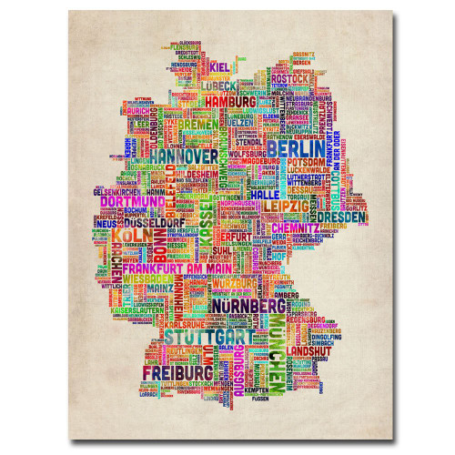 Germany Text Map by Michael Tompsett, 18x24-Inch Canvas Wall Art