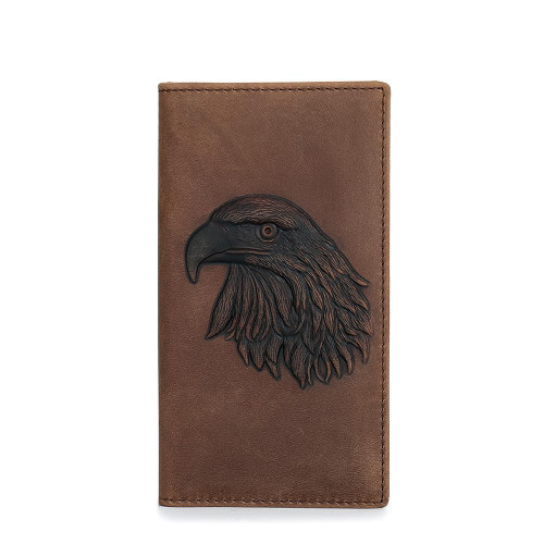 QIHEOS Embossed Bald Eagle Rodeo Wallet for Mens Gift Checkbook Leather (Brown - Long)