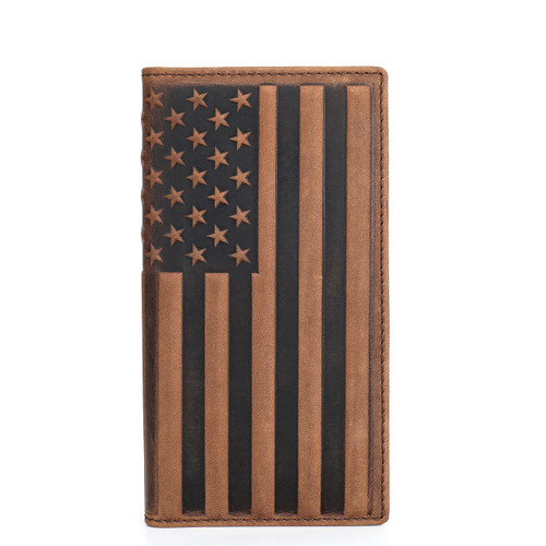 QIHEOS Checkbook Cover US Flag Wallet for Men Leather Rodeo Wallet Mens Gift (Brown - Long)