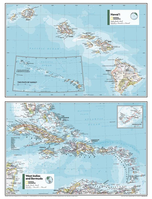 National Geographic Maps: Hawai'i, West Indies and Bermuda Wall Map - Compact - 21 x 16 inches - Front Lamination