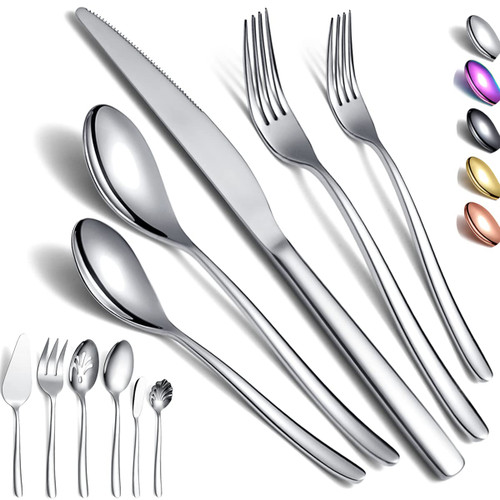 Silverware Set 46 Piece, Stainless Steel Flatware Set, Cutlery Set, Utensil Sets, With Cake Server, Serving Spoon, Slotted Serving Spoon, Serving Fork, Sugar Spoon, Butter Knife (Shiny Silver)