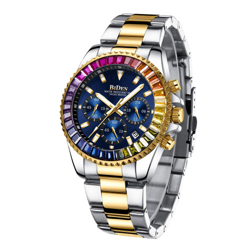 Mens Watches Chronograph Stainless Steel Waterproof Date Analog Quartz Watch Business Wrist Watches for Men (Blue Gold A)