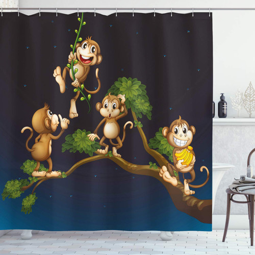 Ambesonne Nature Shower Curtain, Animal Theme Illustration of 4 Monkeys on The Tree Branch Art, Cloth Fabric Bathroom Decor Set with Hooks, 69" W x 75" L, Blue Caramel Ambesonne Nature Shower Curtain, Animal Theme Illustration of 4 Monkeys on The Tree Branch Art, Cloth Fabric Bathroom Decor Set with Hooks, 69" W x 75" L, Blue Caramel