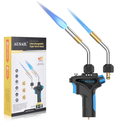 Propane Torch Head with 2 Tubes, Mapp Map Gas Torch Kit, Interchangeable Tube Gas Welding Torch Kit, Trigger-Start Welding Torch Kit for Soldering, Brazing, Welding, Searing Steak