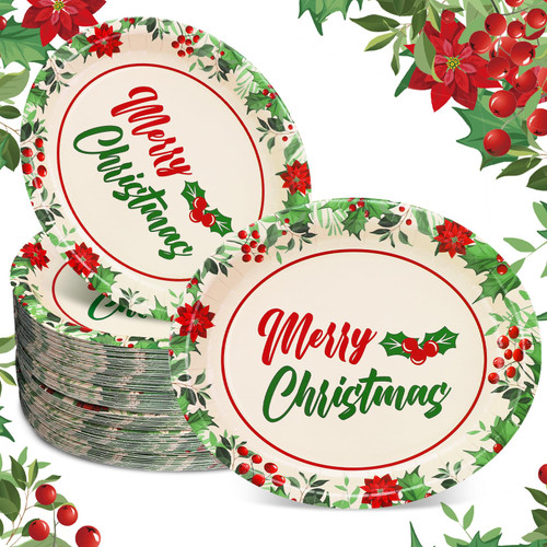 Sliner 100 Count Christmas Oval Paper Plates Bulk 10" x 12" Large Disposable Paper Dinner Serving Platters Heavy Duty Dish Plates Cookie Trays for Holiday Xmas Wedding Party Supplies(Floral Style)
