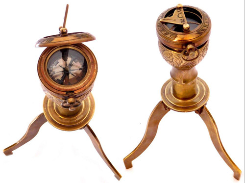 JD'Z COLLECTION Brass Compass Vintage Engraved Compass Sundial Compass On Tripod Antique Brass Vintage Compass Sundial