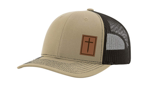 Heritage Pride Men's Christian Cross Worship Prayer God Laser Engraved Leather Patch Mesh Back Trucker Hat, Khaki/Coffee