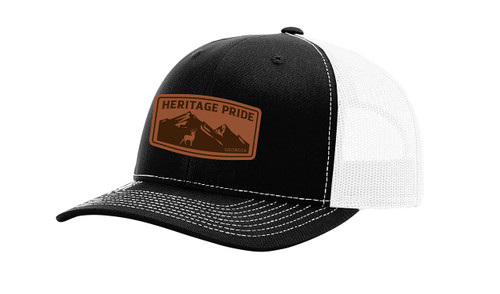 Heritage Pride Laser Engraved Leather Patch Mountain Range Mesh Back Trucker Hat, Black/White